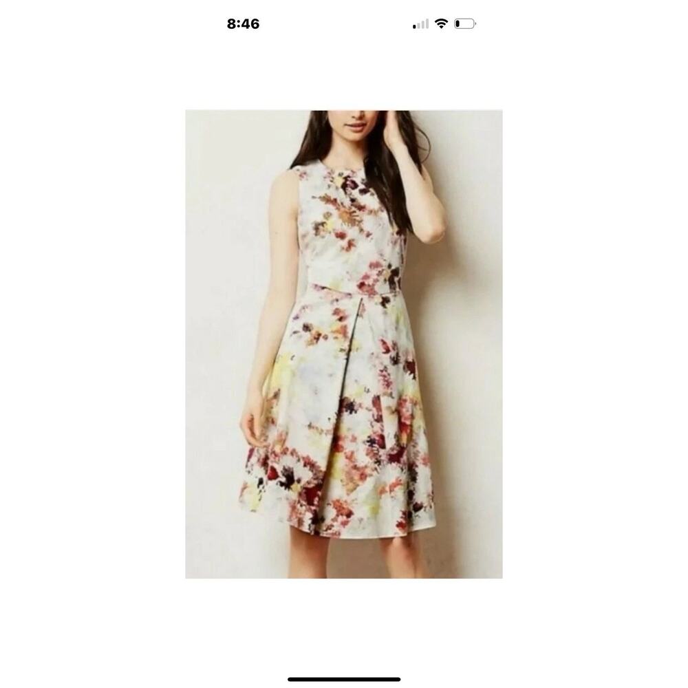 Anthropologie Hunter‎ Bell Kukka Tea Dress Multi Floral Pleated Stretch Sz 0